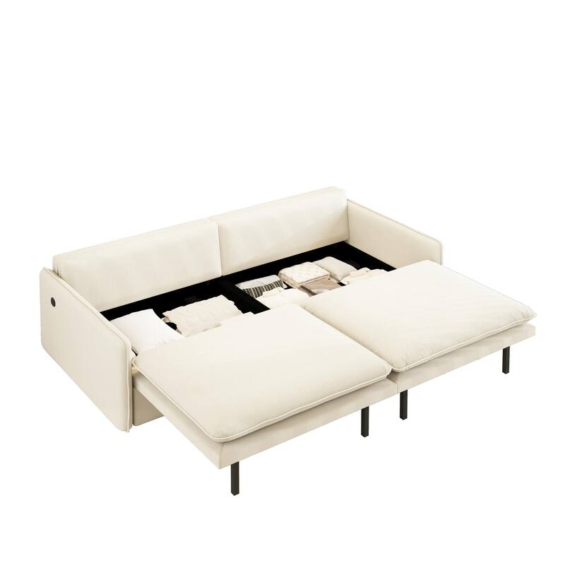 Modern Convertible Sofa Bed, Chenille Fabric Couch with Pull-Out Sleeper Bed, Living Room Loveseat with USB Port, Hidden Storage