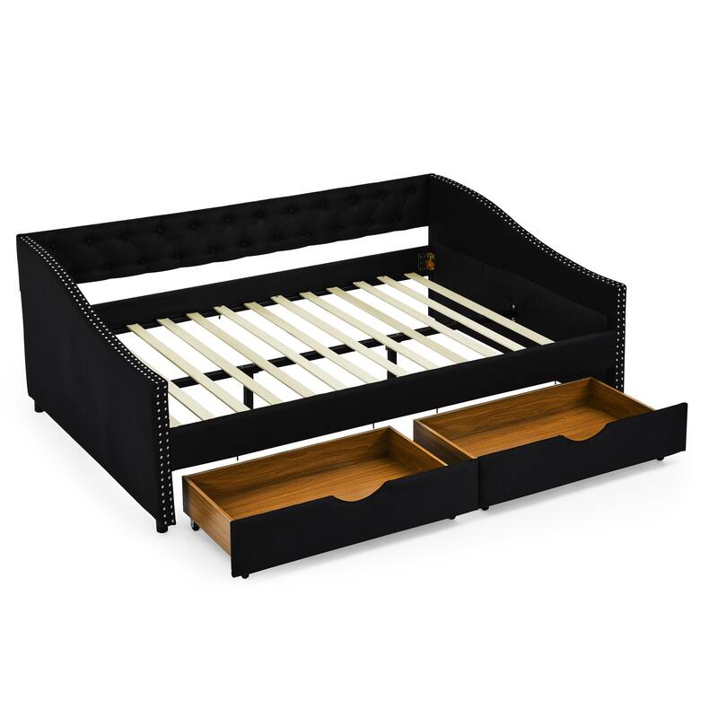 Roomfitters Twin/Full/Queen Upholstered Daybed with Tufted Backrest, Nailhead Trim and Underbed Storage Trundle