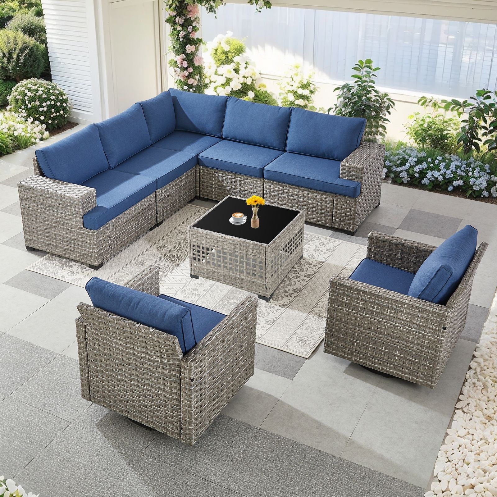 Pocassy Wicker Rattan Outdoor Sectional Sofa Patio Conversation Set