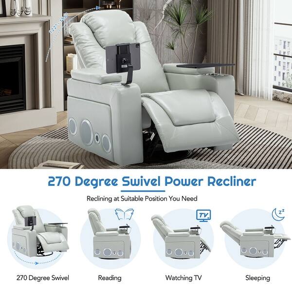 270 Degree Swivel Leather Power Recliner Chair With Cup Holder,Storage