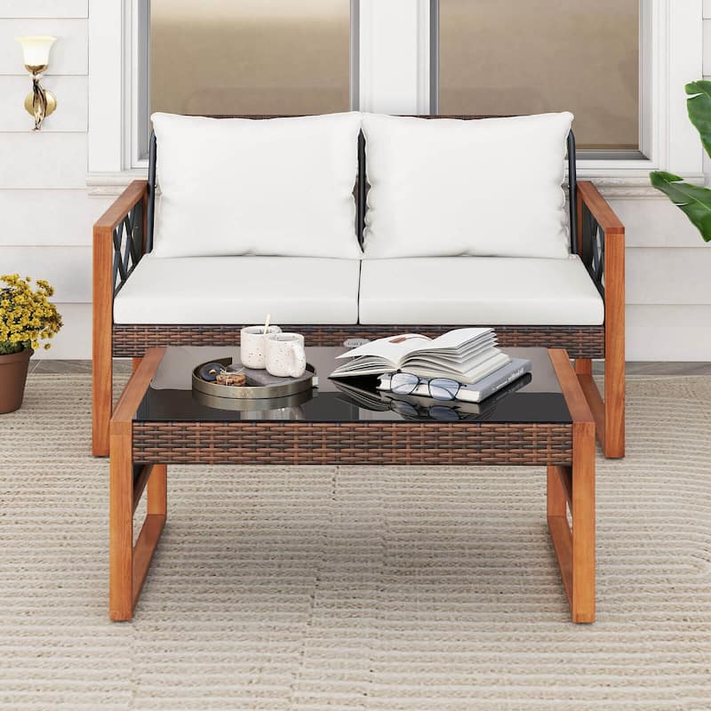 Costway 2 Pieces Patio PE Wicker Furniture Set Outdoor Acacia Wood - See Details