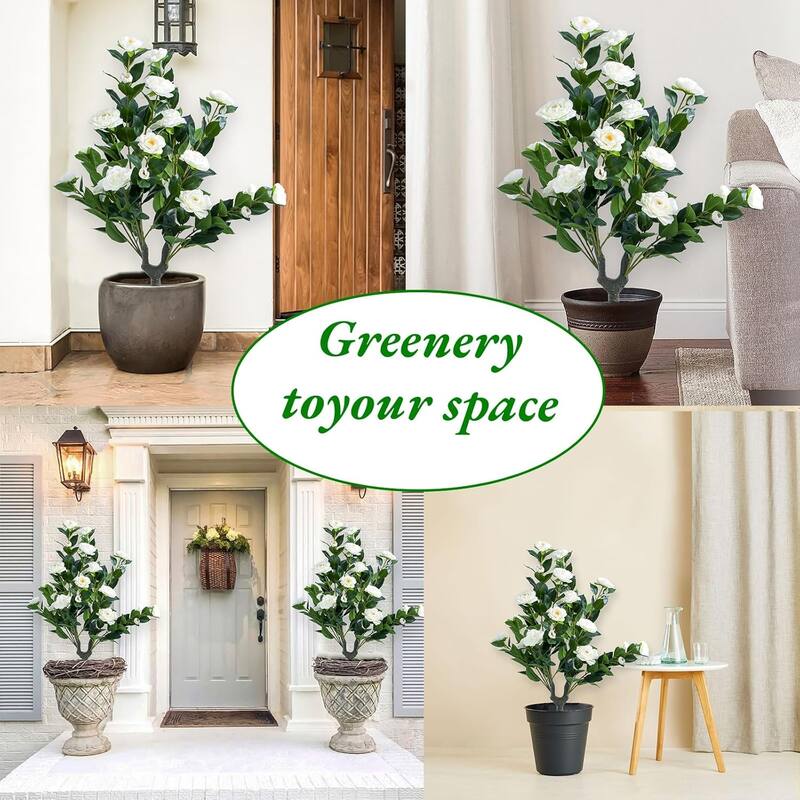 35.4" Artificial Topiary Flower with Ground Spike Set of 2,Artificial Trees with Camellia Flowers