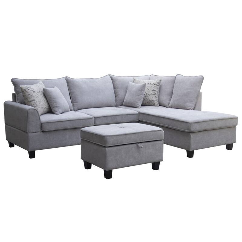 Kyna Sectional Sofa, 4 Pillows, Left Chaise, Storage Ottoman, Gray