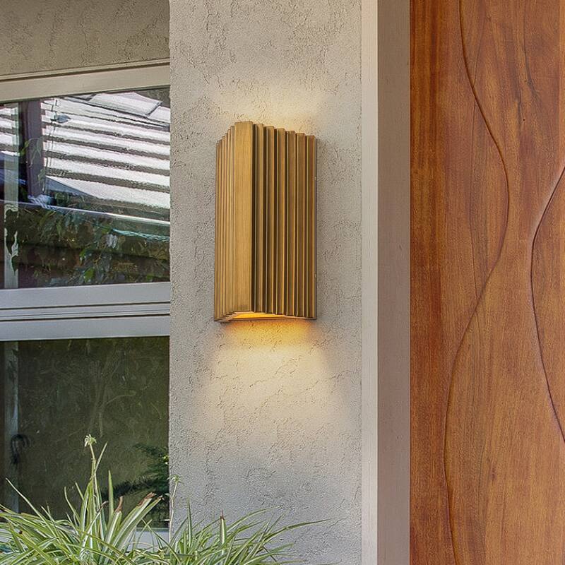 2-Light Industrial Antique Gold Outdoor Integrated LED Wall Sconce - H11" x W6.3" x D5"