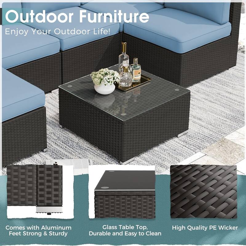 7 Piece Outdoor Patio Furniture Set Grey/Black Wicker Conversation Sectional Sofa Set with Coffee Table and Cushions