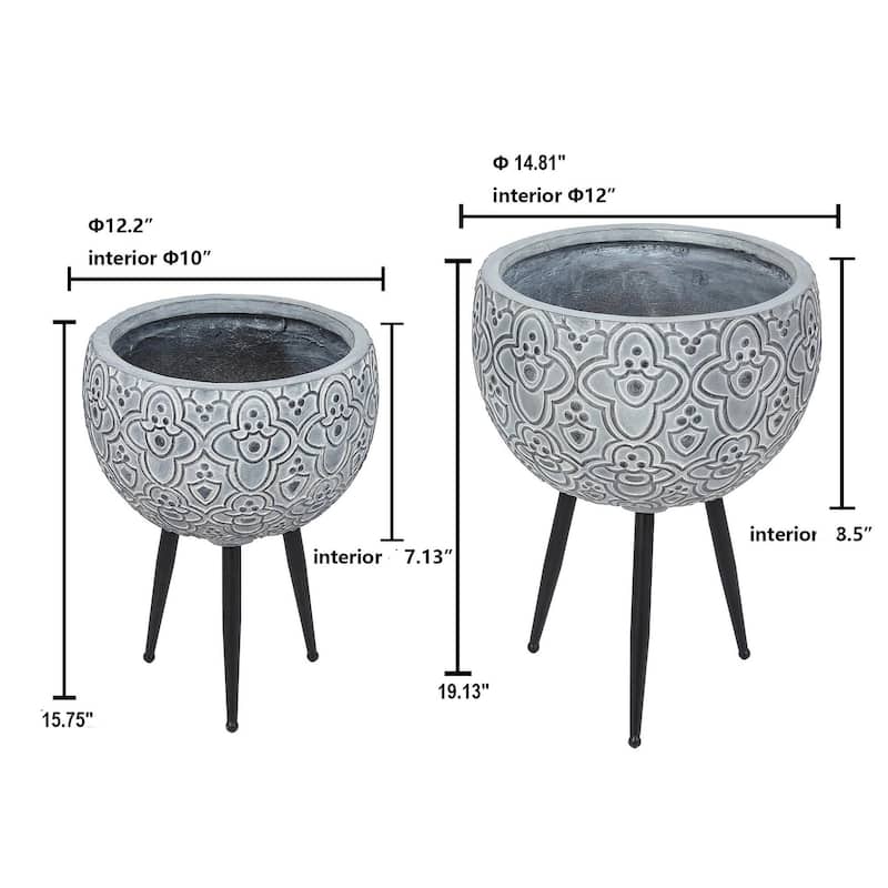Grey MgO Floral Planters with Black Metal Legs (Set of 2)