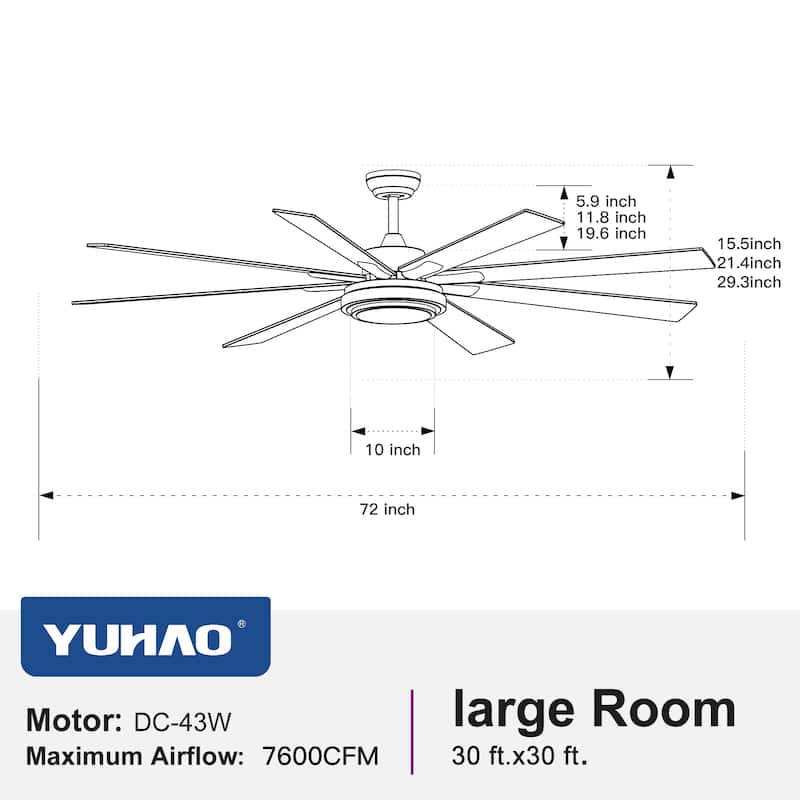 52"/66"/72"/76 Inch Modern Ceiling Fan with Dimmable LED Light ,Remote&APP Control,8 Blades for Large Living Room,Porch