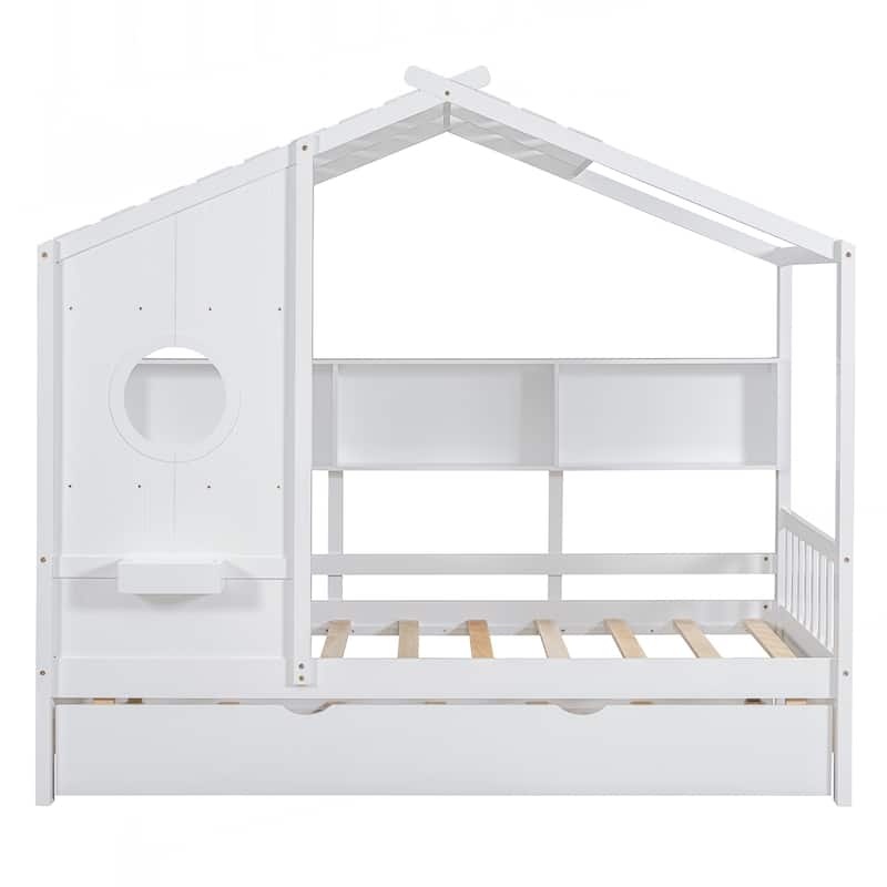 Wooden Twin Size House Bed With Trundle, Modern Design for Kids with Storage Shlef