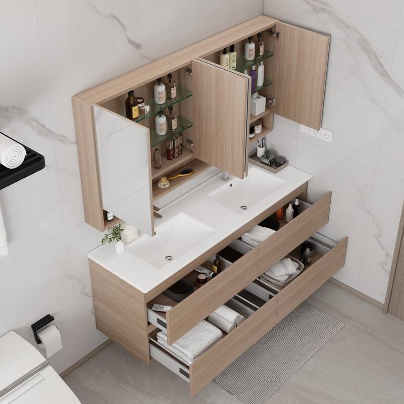 CB HOME 24''/30''/36''/48''/60'' Wall Mounted Bathroom Vanity with Sink, OAK Floating Bathroom Vanity Cabinet with Sink,Drawers.