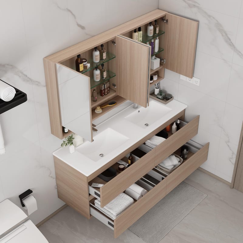 CB HOME 24''/30''/36''/48''/60'' Wall Mounted Bathroom Vanity with Sink, OAK Floating Bathroom Vanity Cabinet with Sink,Drawers.