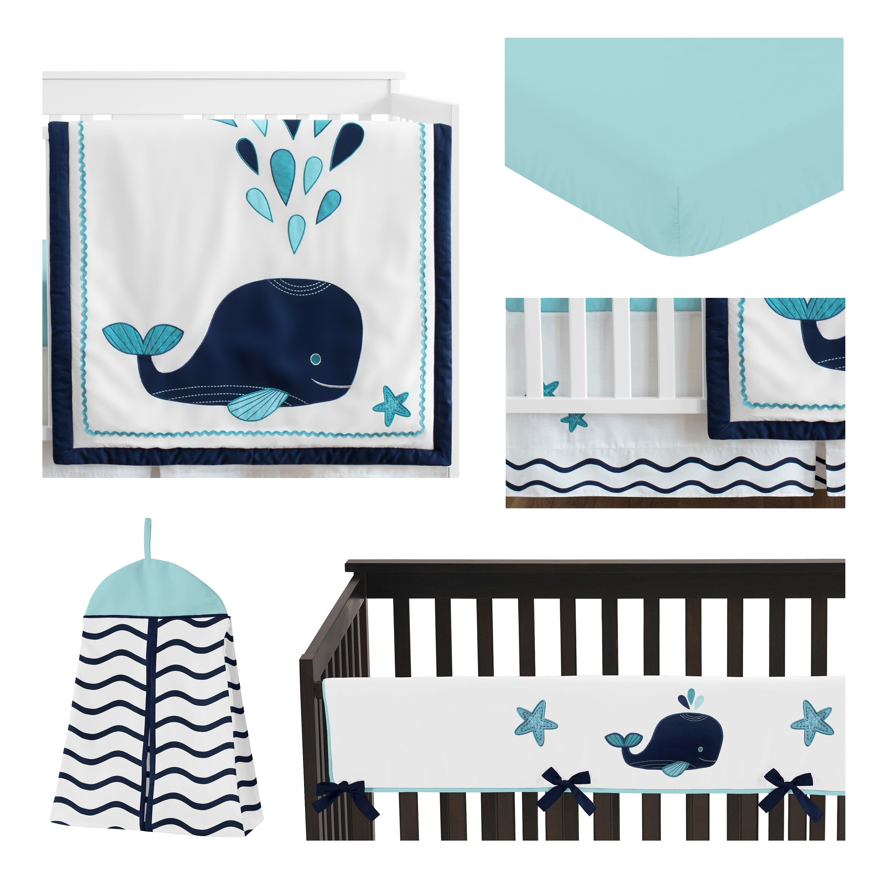 Blue Whale Collection Boy Or Girl 5 Piece Nursery Crib Bedding Set Navy Aqua And White Ocean Overstock 31290423