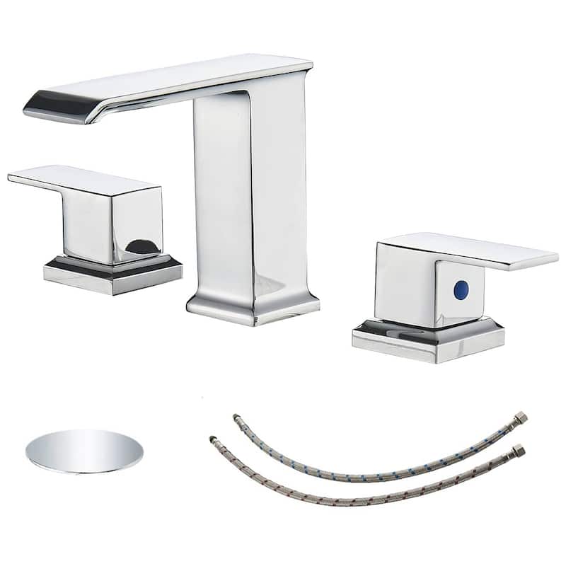 Waterfall Widespread Bathroom Faucet With Drain Assembly 3 Hole Bathroom Sink Faucets Double Handle 8 Inch Basin Vanity Taps - Chrome