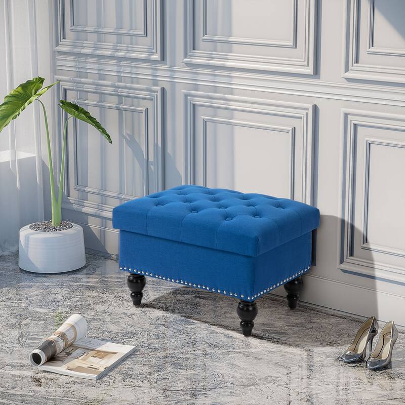 HOMCOM Storage Ottoman with Removable Lid, Button-Tufted Fabric Bench for Footrest and Seat with Wood Legs