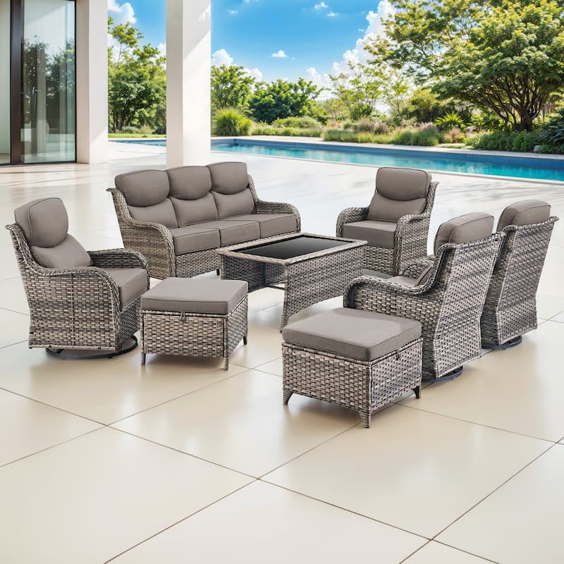 Gymojoy 8-Piece Patio Furniture Set with Swivel Glider Chairs, 6-Inch Ultra-Plush Cushions & Water-Resistant Olefin Fabric - Grey Wicker / Grey Cusion - 8-Piece