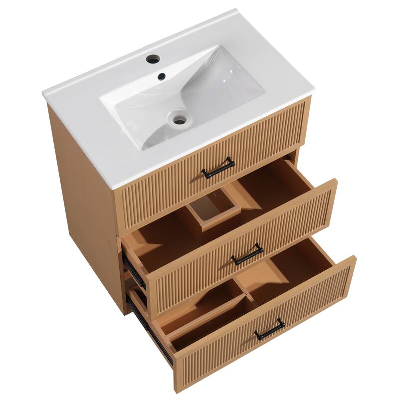30" Freestanding Bathroom Vanity with Ceramic Sink and 2 Storage Drawers, Stylish Gray Floor Cabinet
