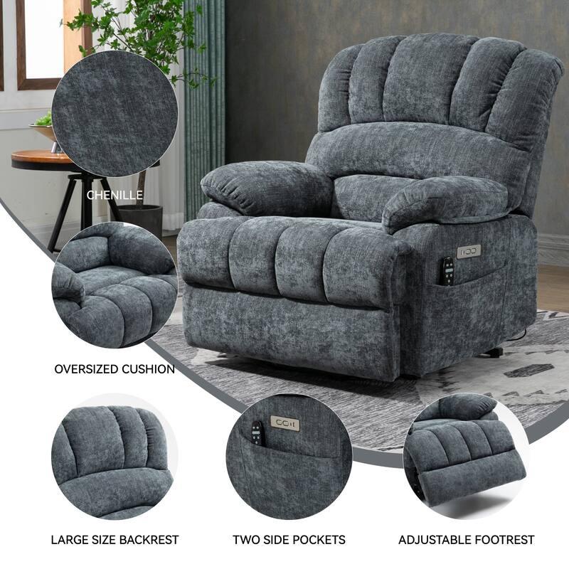 Roomfitters Oversized Power Lift Recliner Chair, Electric Massage Sofa with Heat, Large Chenille Stand Up Armchair, Blue Grey