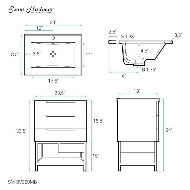 Swiss Madison SM-BV380MB Carre 24" Free Standing Single Basin Vanity