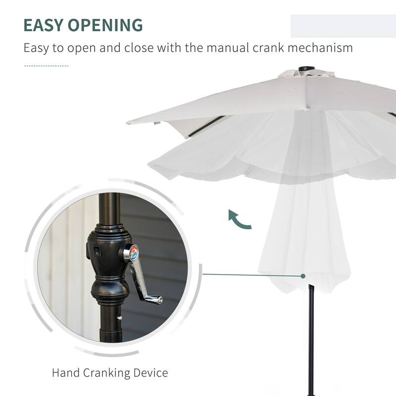 Outdoor terrace umbrella with tilting mechanism and LED lighting