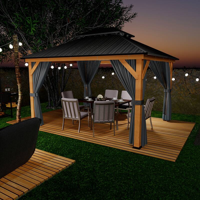 11 ft. x 13 ft. Outdoor Double Roof Hardtop Wooden Patio Gazebo with Netting and Curtains