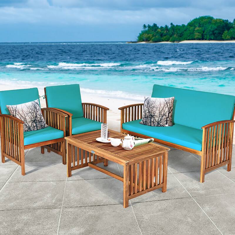 Costway 4PCS Patio Solid Wood Furniture Set Conversation Coffee Table - 4-Piece Sets