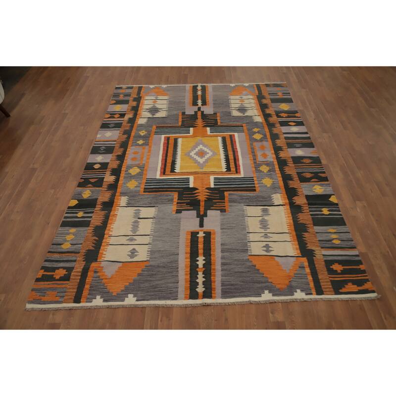 Hand Woven Oriental 100% Wool Carpet Southwestern Tribal Greys & Charcoal Kilim Area Rug - 10' 0'' X 7' 1''