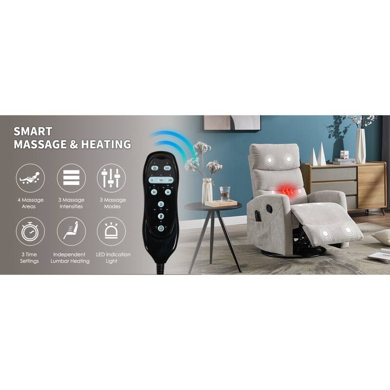 Roomfitters Manual Rocker Swivel Recliner Chair with Heat and Massage Fabric Glider Lounge Sofa for Living Room