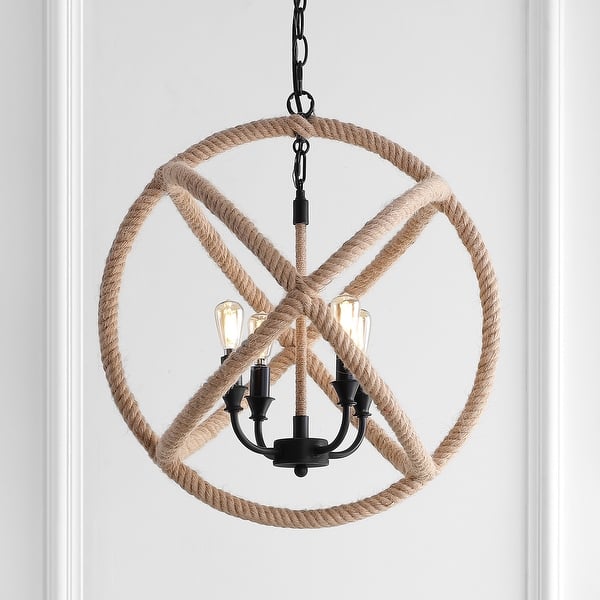 slide 2 of 12, Isabelle 4-Light 20" Adjustable Globe Metal/Rope LED Pendant, Black/Brown by JONATHAN Y