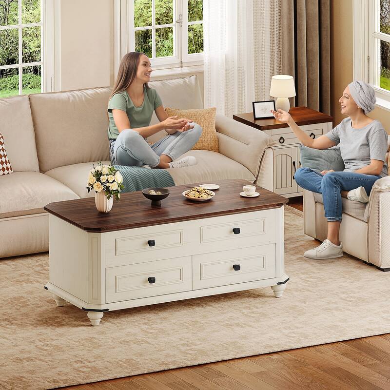 Moasis Farmhouse 36" Lift-top Rectangular Antique Coffee Table with 2 Drawers Hidden Storage