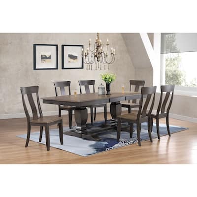 Double Transitional Pedestal In Antique Grey Panel Back 7-Piece Dining Set