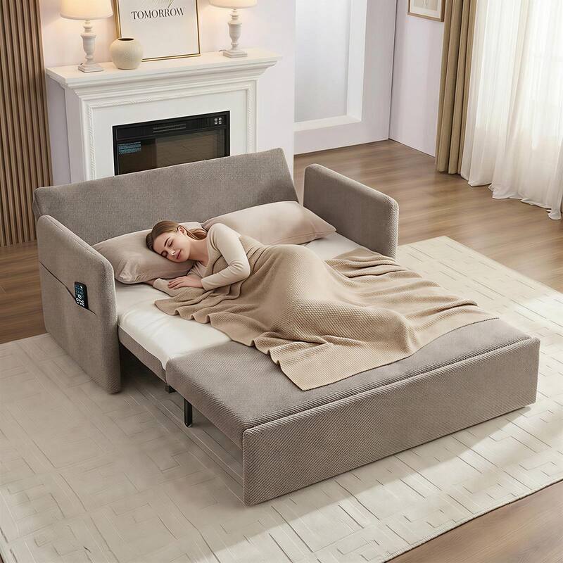 Mixoy Convertible Sofa Bed with Memory Foam Mattress, Queen Size, Beige/Grey, Adjustable Backrest