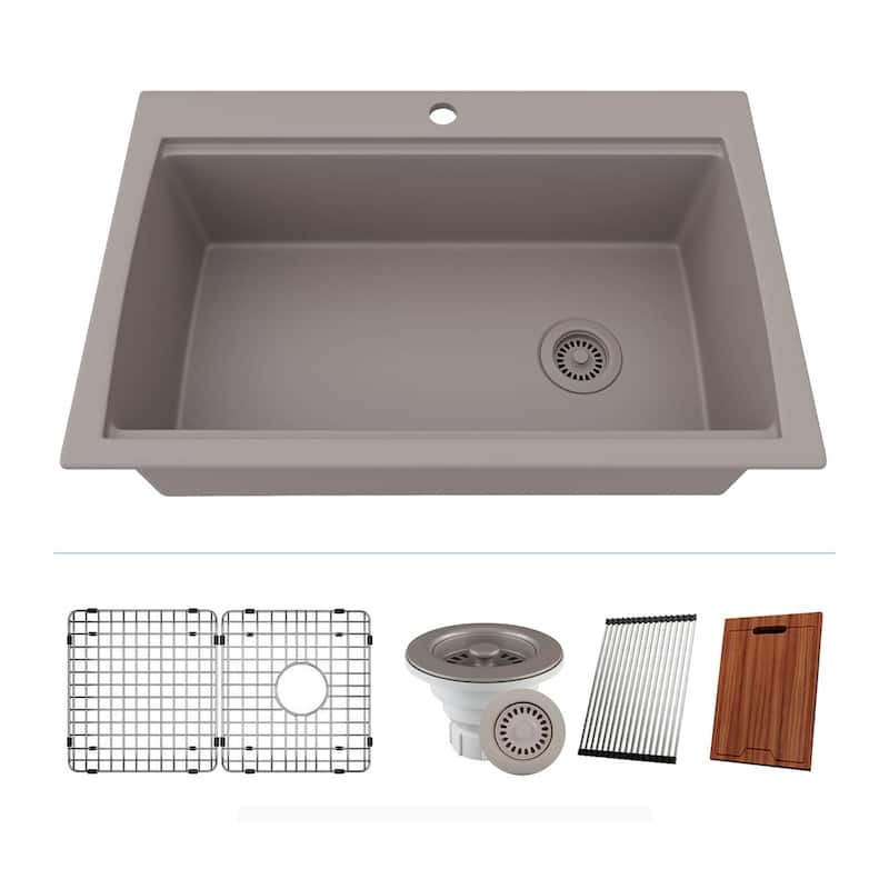 33 Inch Lexicon Platinum Quartz Composite Drop-in Undermount Single Bowl Workstation Galaxy Concrete Kitchen Sink LP-750TM-C - Galaxy Concrete