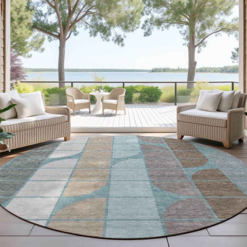 Machine Washable Indoor/ Outdoor Modern Finch Chantille Rug - Teal - 8' x 8'