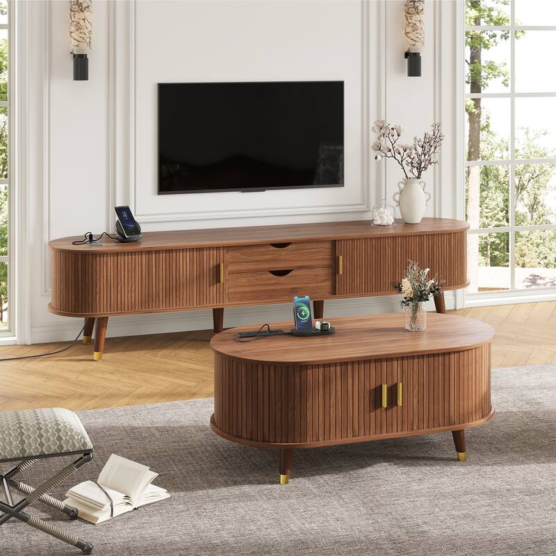 Wooden Tv Stand & Coffee Table Set With Charging Station,Sliding Doors For Tvs Up To 80",Table With Solid Wood Legs