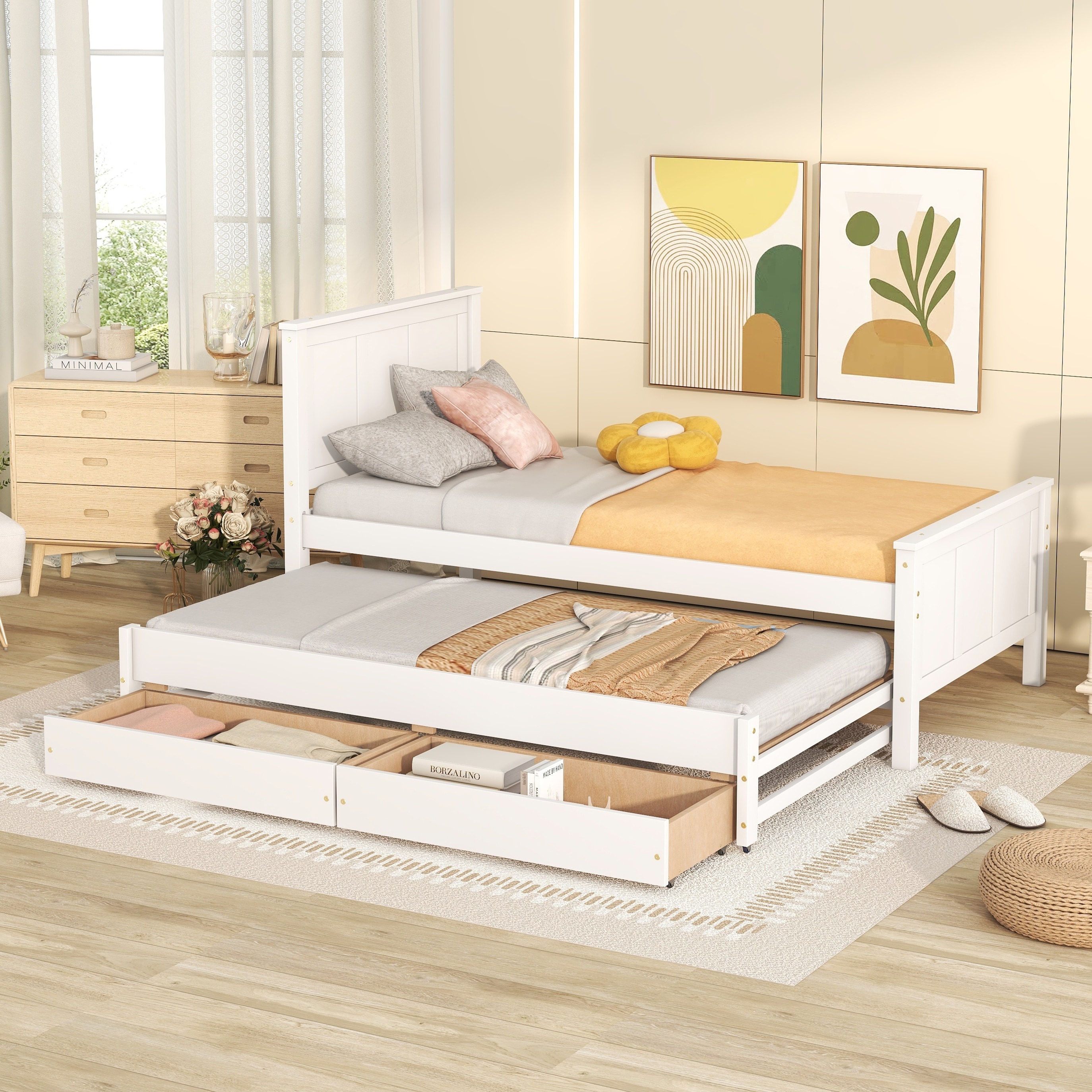 Twin Size Platform Bed with Trundle and Drawers