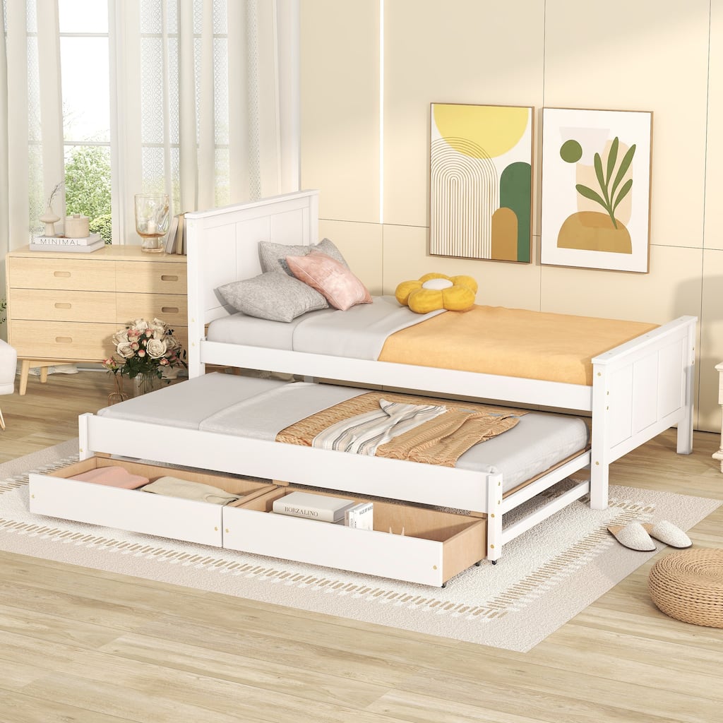 White Twin Platform Bed with Trundle and Storage Drawers, Solid Pine Wood Frame