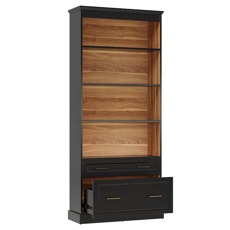 72" Tall White 5-shelf Bookcase Bookshelf with 2 Drawers