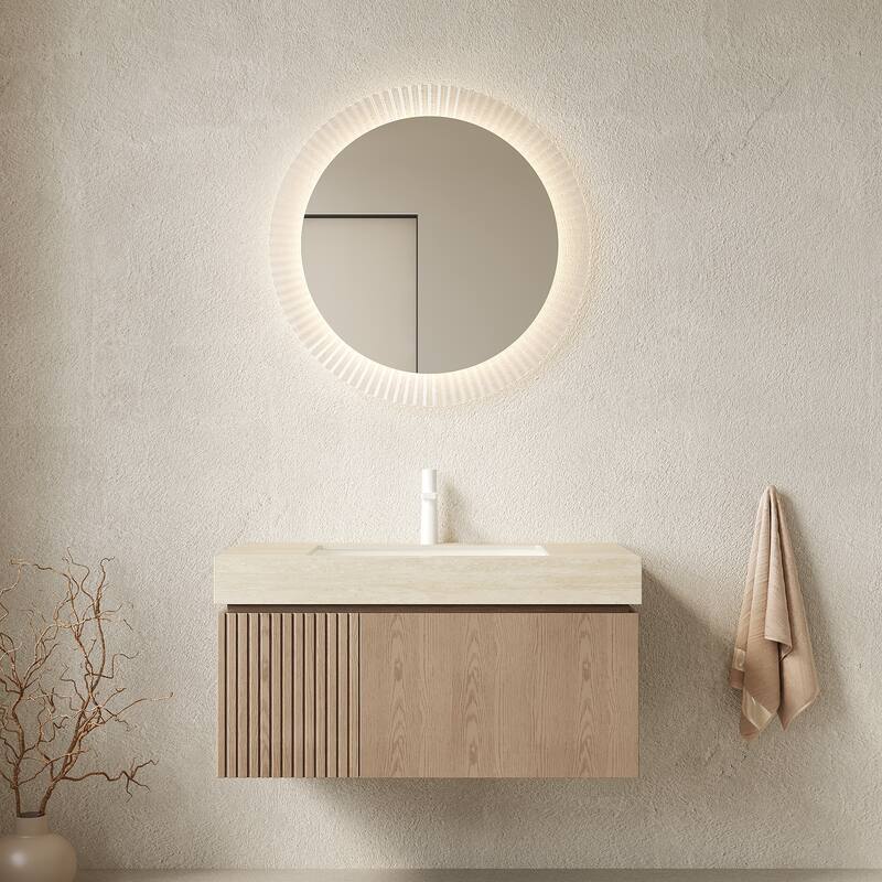 Floating Bathroom Vanity with Sintered Stone Top and Undermount Ceramic Basin - 35.83'' x 18.9'' x 17.72'' - Light Brown and Beige