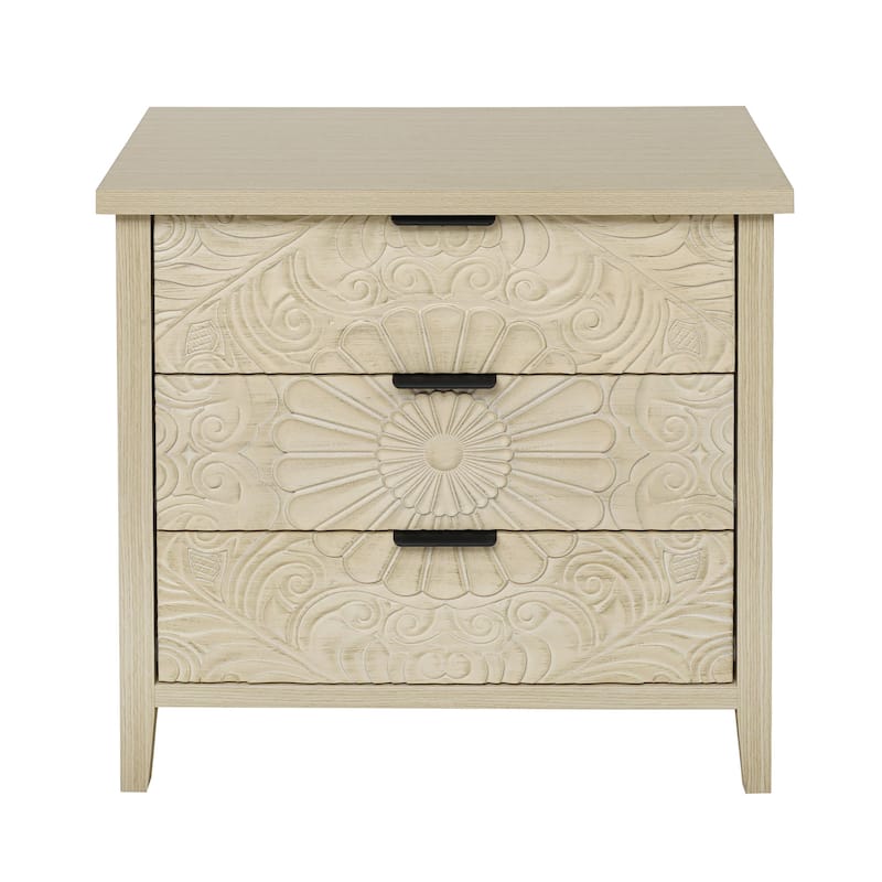 Roomfitters 3 Drawer Dresser Storage Cabinet, Carved Wood Chest of Drawers, Natural