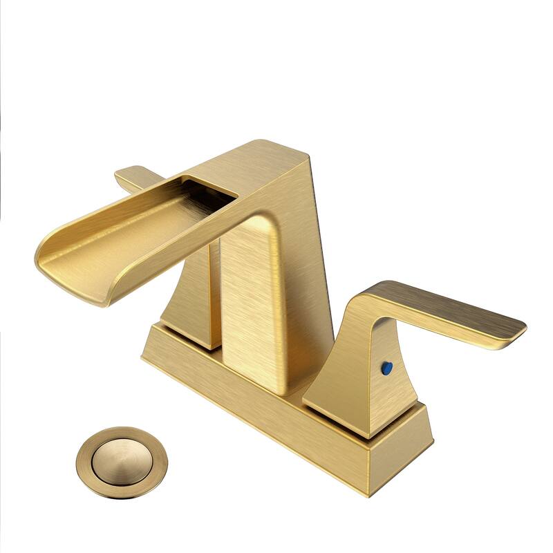 PROOX Double Handle Waterfall Centerset Three Hole Bathroom Sink Faucet with Drain Assembly - Brushed Gold