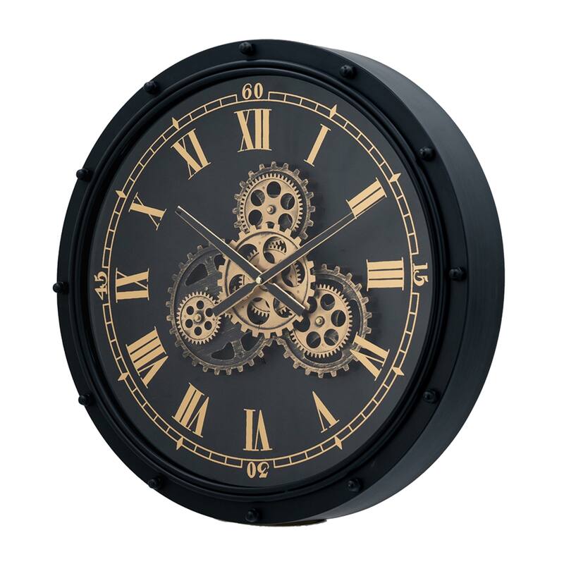 Large Roman Numeral and Bolted Gear Wall Clock - 19.75" - Black and Gold