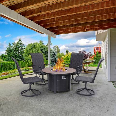 Sophia & William Outdoor Patio 5-piece Dining Set, Round Propane Fire Pit Table and 4 PE Rattan Swivel Chairs