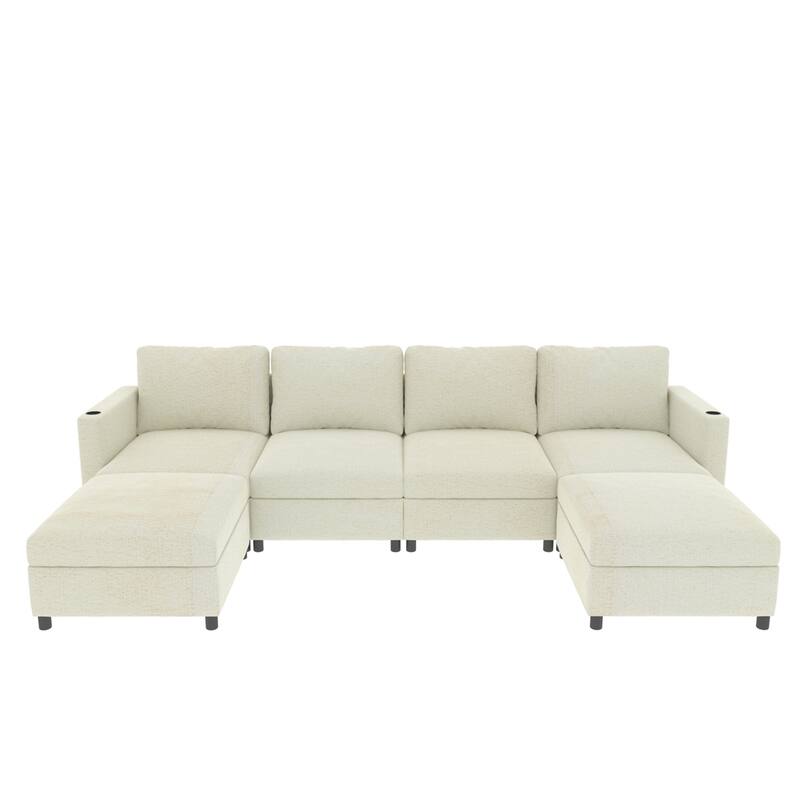 123" U-Shape Modular Sectional Couch with Storage Function, Ottoman - Antique White