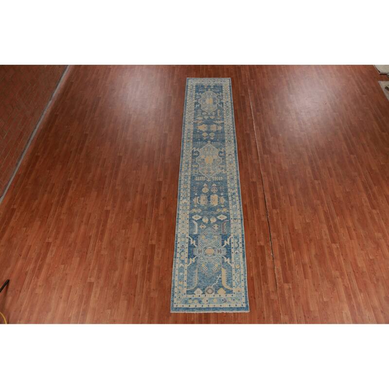 Hand Knotted Oriental 100% Wool Carpet Transitional Geometric Navy Blue & Blues Oushak Runner Rug - 14' 4'' X 2' 10''