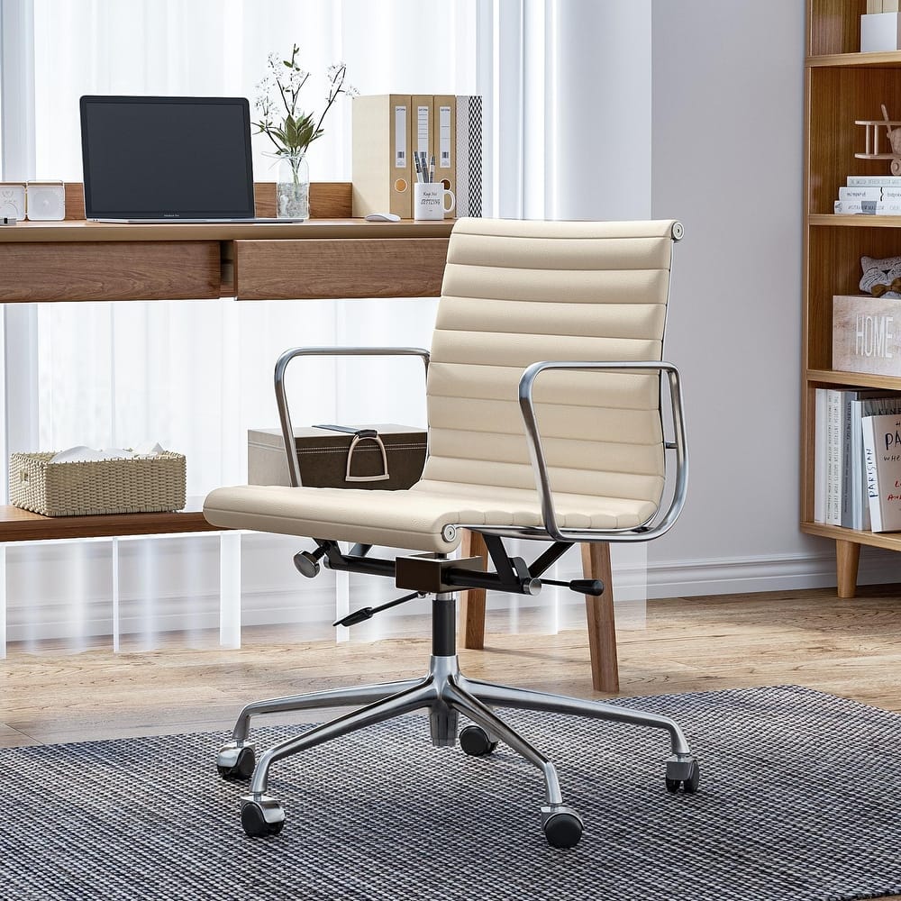 Mid Back Genuine Leather Ergonomic Computer Ribbed Office Chair