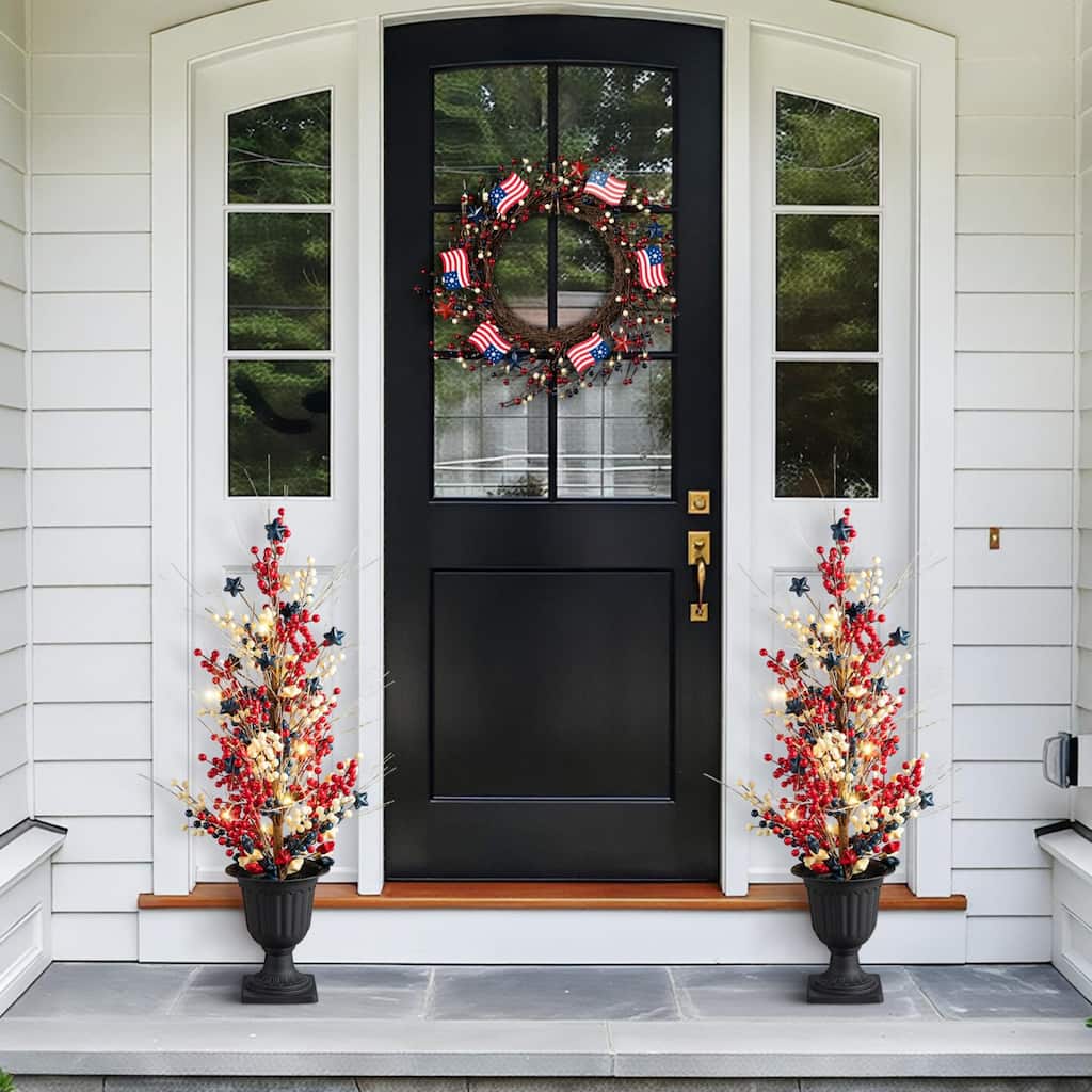 Glitzhome 36"H Americana LED Lighted Berry & Stars Urn Porch Tree with Timer