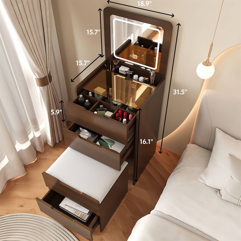 3 In 1 Vanity Desk w/ Plip Top Mirror,Visible Glass Desktop,3 Drawers