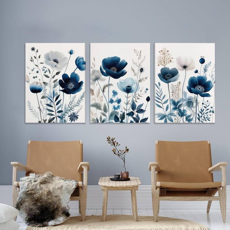 Elegant Navy Blue Wildflower Lily Daisy Art Wall Decor