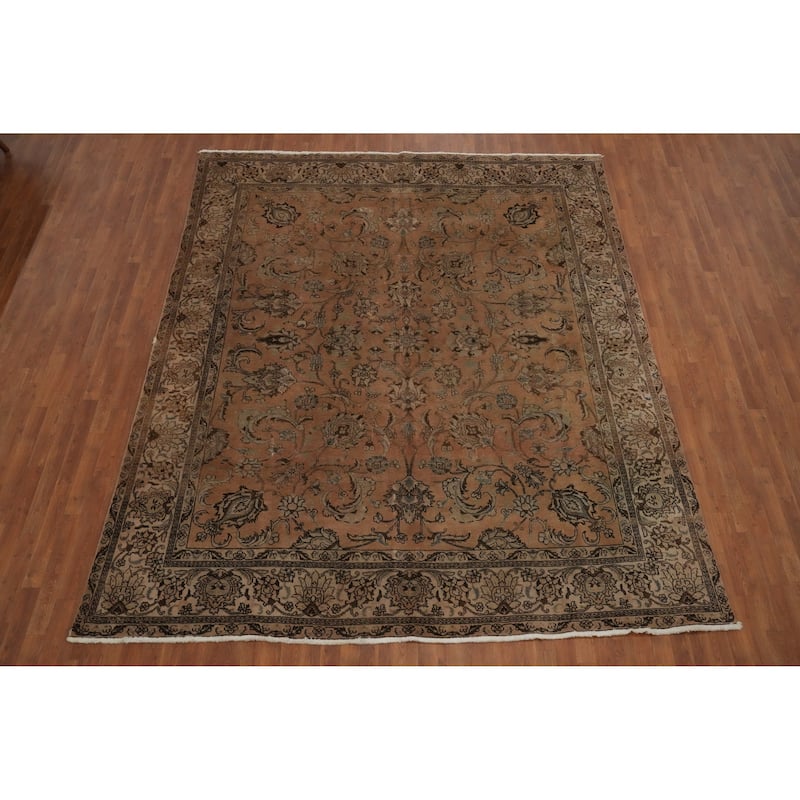Hand Knotted Oriental 100% Wool Carpet Traditional Floral Peach Tabriz Area Rug - 10' 8'' X 9' 1''
