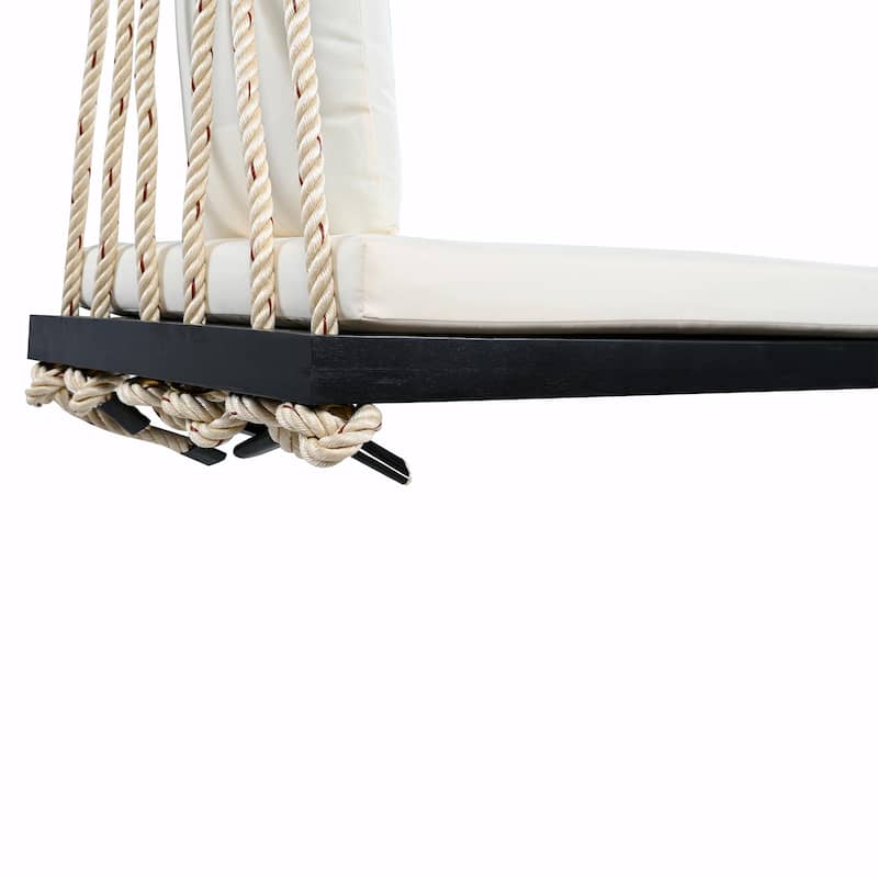 Patio Wooden Swing Chair, Hanging Porch Swing Bench with Cushion & Pillows, 10.8Ft Hemp Ropes