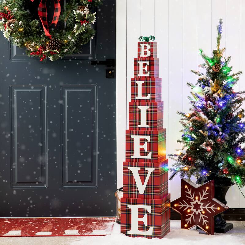 Glitzhome 42"H Wooden Double-Sided "BELIEVE" Porch Sign Decor - Multi